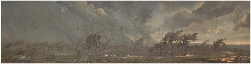 Luis De Servi, Paisaje tormentoso, ca. 1887, óleo (mural sobre chapa zinc),50 x 190 cm. Bruno Pianzola, Laboratorio de Fotografía del Museo de Ciencias Naturales,Universidad Nacional de La Plata, La Plata.